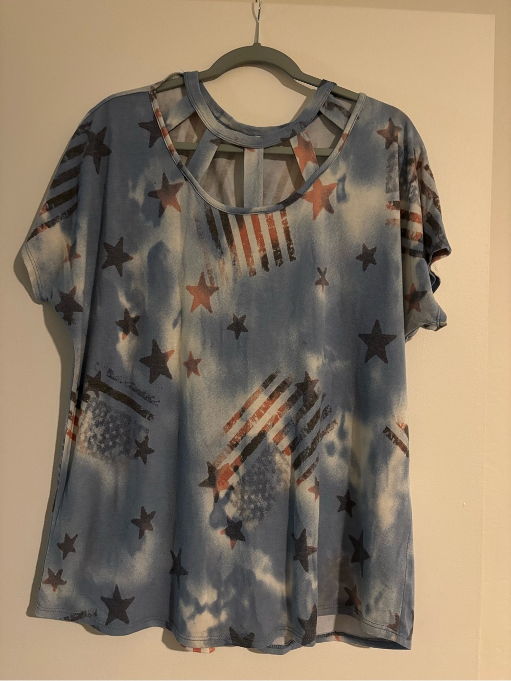 Women’s Blue Tie-Dye Star & Flag Cutout Neck Short Sleeve Tee